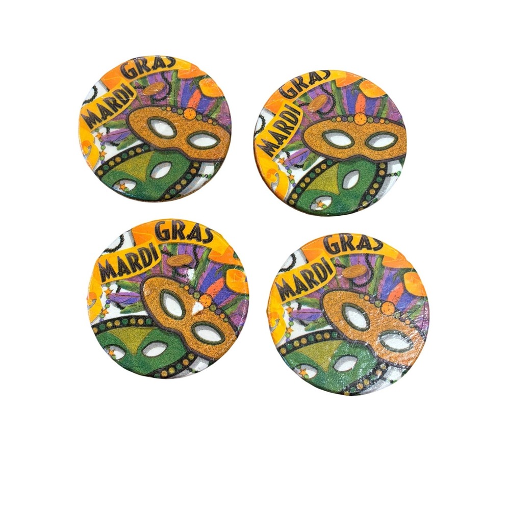 Handmade‎ Mardi Gras Coaster Set 4 Mask Carnival Decor Cork Back Signed Spangler